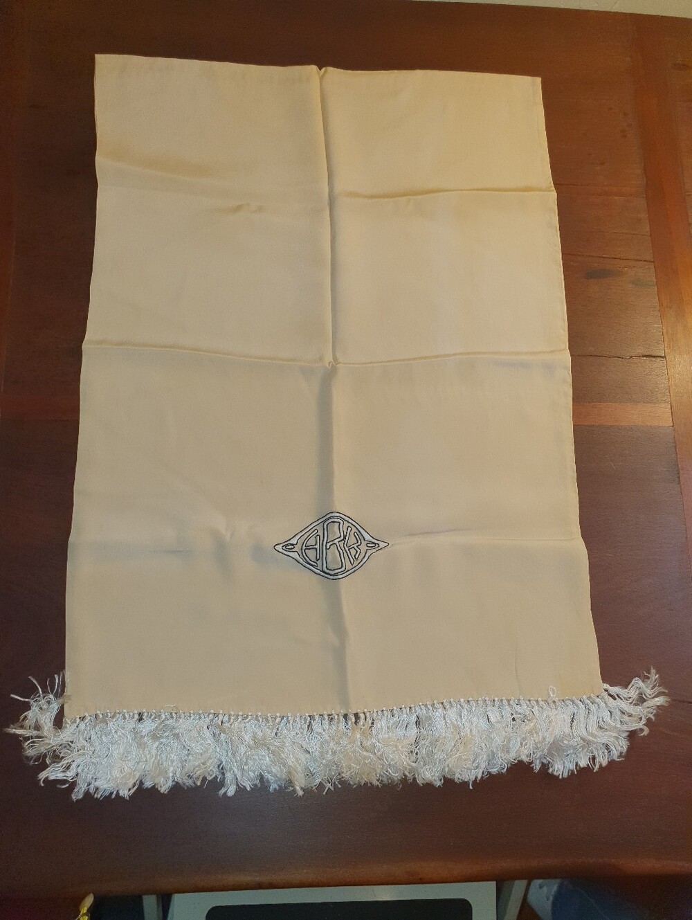Vintage 30s Ecru Scarf with White Fringe And Monogrammed Medallion On One End